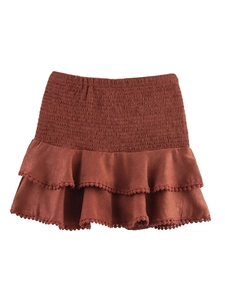Women Y2K High Waisted Tiered Mini Skirt Smocked Elastic Waist Pom Pom Trim Boho Rusty Red Summer Fashion Skirt