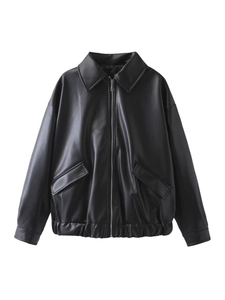 Women PU Leather Jacket Vintage Bomber Jacket Loose Turn-down Collar Zipper Coat Streetwear Casual Outwear Short Bomber Coat