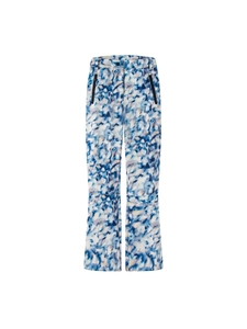 Women's blue abstract print ski pants with high waist and black zippered pockets