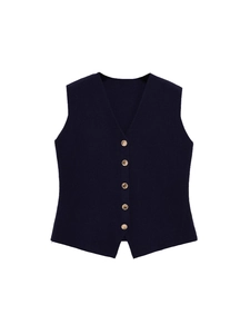 Gilet en maille bleu marine à col en V avec boutons dorés et coupe ajustée élégante