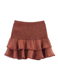 Y2K high-waist brick red ruffled skirt with elastic smocked waist and pom-pom lace trim