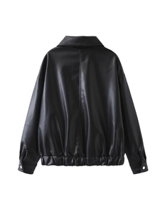 Back view of oversized black PU leather jacket with drop shoulders and elastic hem