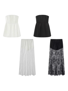 Women Slim Fit Tube Top And Lace Long Skirt Polyester Solid Color Off-Shoulder Summer Casual Set Streetwear Fashion Top Bottom