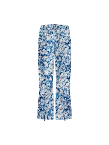 Women's floral winter ski pants with insulated fabric, belt details, and zippered cuffs