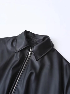 Women's vintage oversized faux leather jacket with turn-down collar and silver zipper