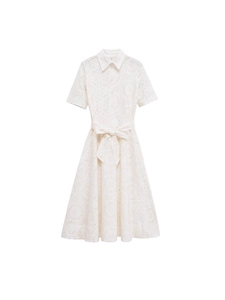 Women White Hollow Out Embroidery Maxi Dress Short Sleeve Lapel Button Down Eyelet Shirt Dress With Bow Tie Waist Belt