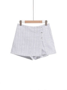 Jupe-culotte rayée bleue pour femme style français avec boutons décoratifs et taille haute