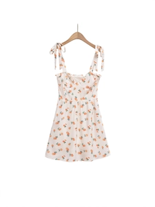 Robe à Bretelles Sexy Française Avec Imprimé Orange Pour Femme Été Doux Nœud Volants Mini Robe Ligne A Vacances Streetwear