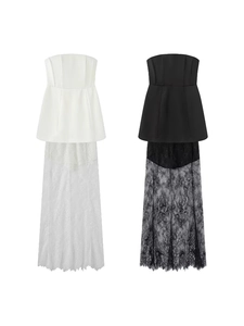 Women's tube top dress set with slim fit corset and floral eyelash lace long skirt