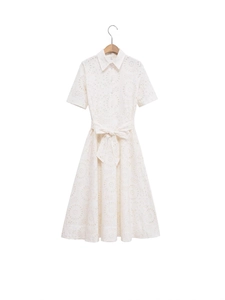 Elegant white eyelet embroidered shirt dress with short sleeves and waist tie belt