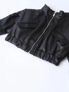 Women's vintage black PU leather bomber jacket with lapel collar and zip closure