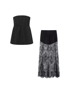 Women's chic black two-piece set featuring a fitted tube top and long lace skirt