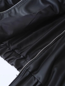 Chic black PU leather jacket featuring a silver metal zipper and elastic hem detail