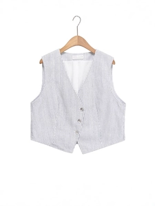 Gilet sans manches à fines rayures pour femmes, style français, boutonnage simple et col V