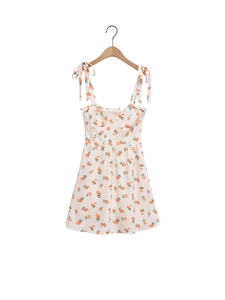 Women Summer Casual Orange Fruit Print Mini Dress With Tie Shoulder Straps Ruffle Trim Backless A-Line Vacation Dress