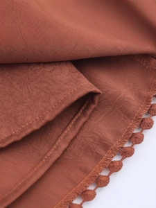 Summer Y2K high waist layered skirt with pom-pom trim detail in reddish brown fabric