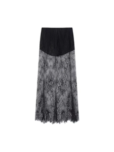 Chic black high waist lace maxi skirt with floral patterns and inner lining for women