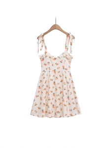 Summer backless mini dress with orange citrus print and bow-tie shoulder straps