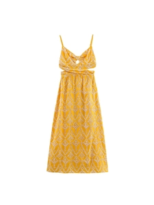 Vestito Maxi Giallo Donna Sexy Schiena Scoperta Ricamo Intagliato Cut Out Vita Abito con Spalline Estate Spiaggia Vacanza Linea A