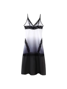 Robe à bretelles dégradée avec dentelle noire et col en V pour femmes, blanc et noir