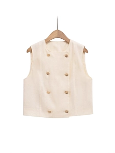 Women Solid Color Double Breasted Sleeveless Vest And High Waist Shorts Polyester Top And Bottom Casual Streetwear Outfit
