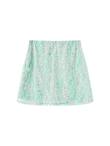 Damen Minzgrün Pailletten Mesh Rock Blumenstickerei A-Linie Minirock Sommer Streetwear Slim Fit Hohe Taille Kurzer Rock