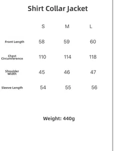Detailed size chart for the vintage lapel jacket showing length, bust, and weight specs