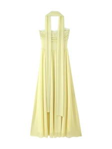 Hellgelbes Neckholder-Maxikleid mit fließenden Bändern und plissiertem Taillendetail