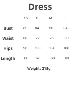Size chart showing XS to L measurements for slim fit contrast rhinestone tube dress