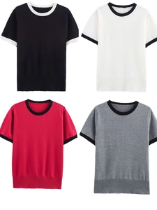T-Shirt en Tricot à Manches Courtes pour Femmes Col Rond Bordure Contrastée Coupe Ajustée Pull en Tricot Style Urbain Décontracté Tricots d'Été