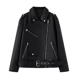 Classic black faux leather biker jacket with asymmetric zipper and adjustable belt detail