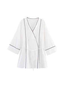 Women's Casual Cotton Wrap Top And Wide Leg Pants Contrast Piping Two Piece Set Long Sleeve Loose Loungewear Outfit