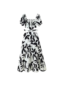 Women Summer Square Neck Hollow Out Print Dress Short Sleeve Tiered Maxi Dress Black White Leaf Pattern Vacation Slim Dress