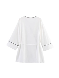 White kimono jacket with black piping and belt tie, loose fit fashion loungewear set