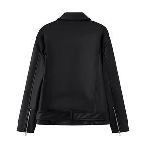 Back view of black faux leather motorcycle jacket with belted hem and zipper cuffs