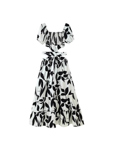 Summer square neck dress with black and white leaf print and waist cut-outs