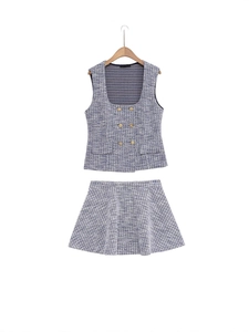 Women French Elegant Tweed Vest And A-Line Mini Skirt Top And Bottom Double Breasted Sleeveless Plaid Pattern Casual Suit