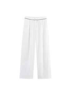 White high-waisted wide-leg trousers with black piping trim and smooth drape