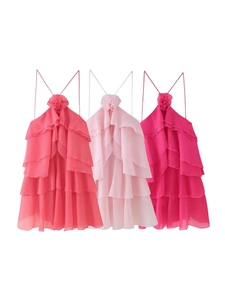 Women Summer Halter Ruffle Tiered Mini Dress 3D Floral Backless Chiffon Cupcake Dress For Party Vacation Streetwear