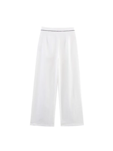 Women's chic high-waisted wide leg white trousers with black trim detail in premium fabric