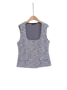 Blue and white tweed vest with gold double-breasted buttons in a classic elegant style