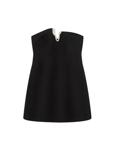 Women's black strapless mini dress with elegant V-shaped rhinestone neckline detail