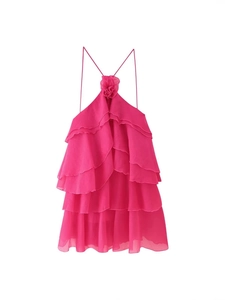 Fuchsia tiered ruffle mini dress with halter straps and 3D floral accent for women