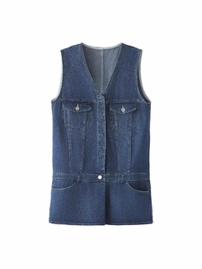 Combinaison Short en Jean Sans Manches Col en V Y2K pour Femmes Combinaison Ajustée Décontractée Bleu Foncé Avec Poches