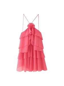 Hot pink halter neck mini dress featuring 3D floral accents and layered ruffle chiffon