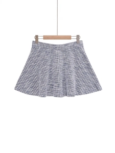 Elegant blue and white tweed high waist A-line mini skirt with textured woven fabric