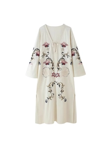 Damen Casual Stickerei Blume Baumwolle Leinen Textur Midi Kleid V-Ausschnitt Bindedetail Vorne Boho Lose Langarm Beige Kleid