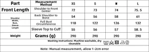 Detailed size chart for women's tiered pullover shirt with XS-L measurements and weight