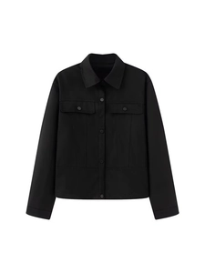 Women's French retro loose lapel jacket with buttoned chest pockets in black finish