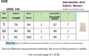 Size guide for floral sleeveless mini dress showing length and bust measurements in cm